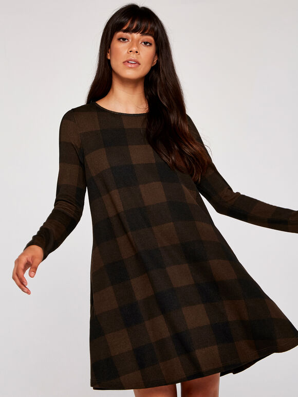 Gingham Long Sleeve Swing Dress, Brown, large