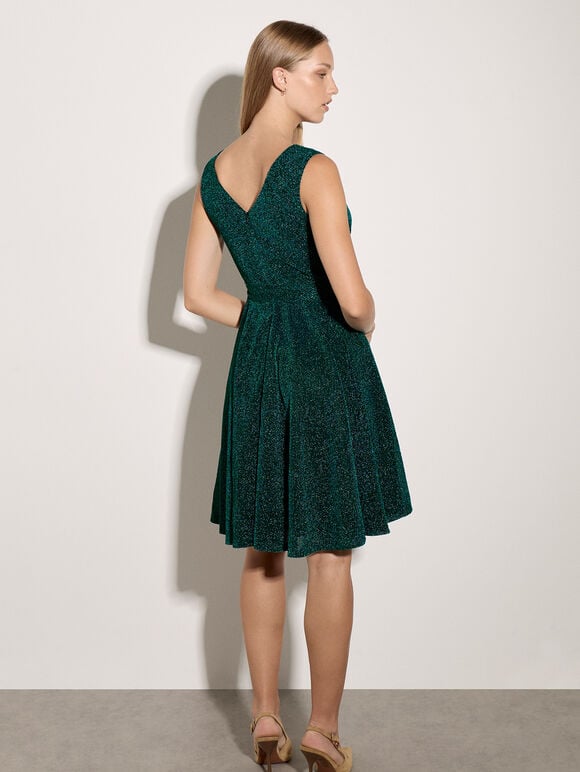 Metallic Pleat Skater Mini Dress, Teal, large