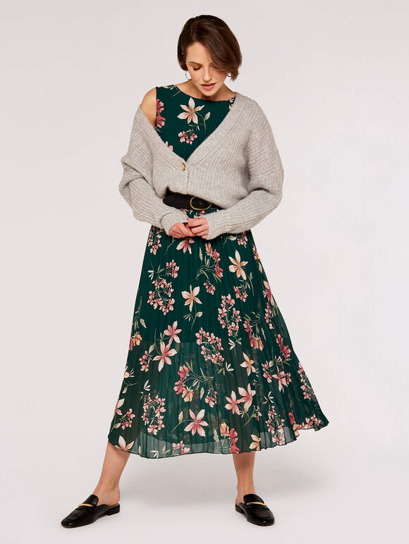 Botanical Pleated Midi Dress, Green, large
