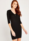 Black Ribbed Zip Front Knitted Dress, Black, large