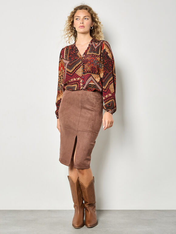 Patchwork Print Ruffle Blouse, Burgundy, large