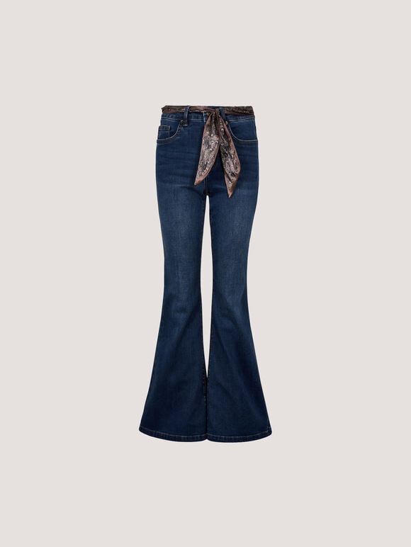 Lulu Scarf Belt Flare Jeans, Blue, large