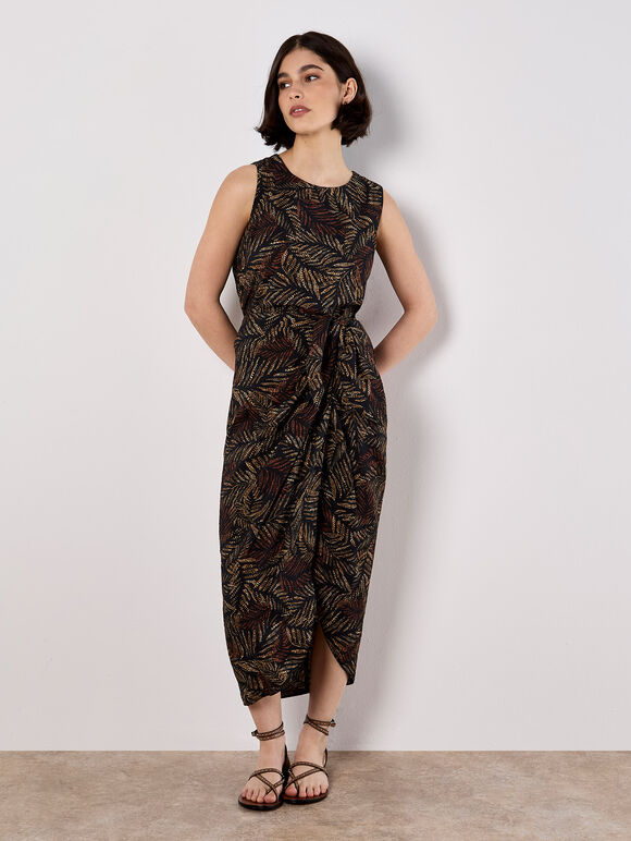 Batik Leaf Wrap Midi Skirt, Black, large
