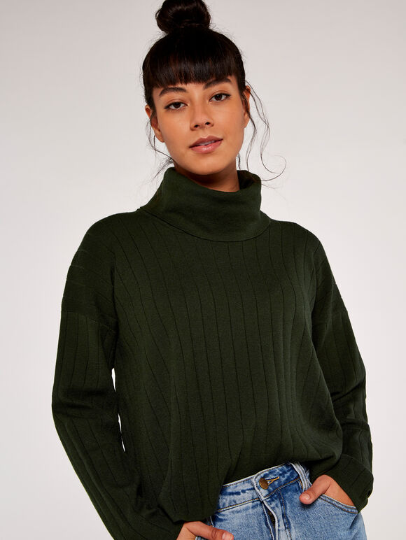 Cowl Neck Ribbed Jumper, Green, large
