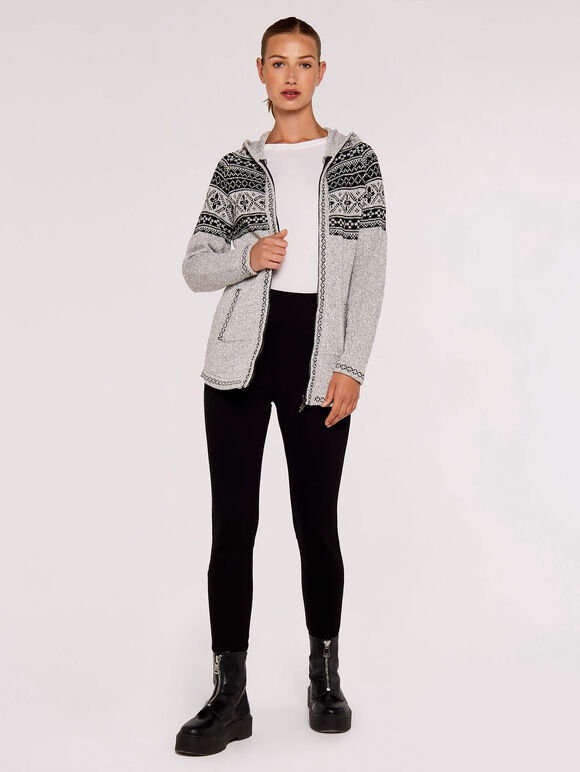 Fairisle Zip Through Cardigan, Grey, large