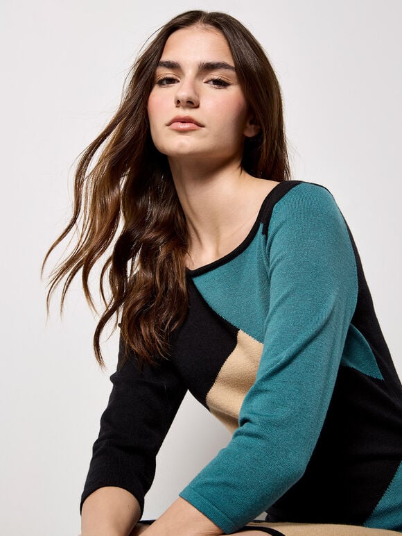 Colour Block Panel Knitted Mini Dress, Teal, large