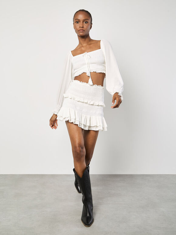 Smocked Ruffle Mini Skirt, White, large