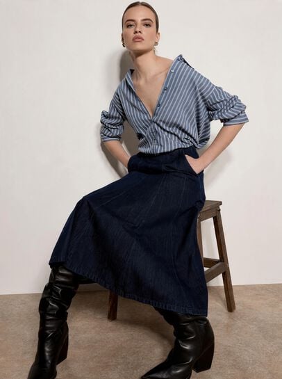 Denim Flare Midi Skirt