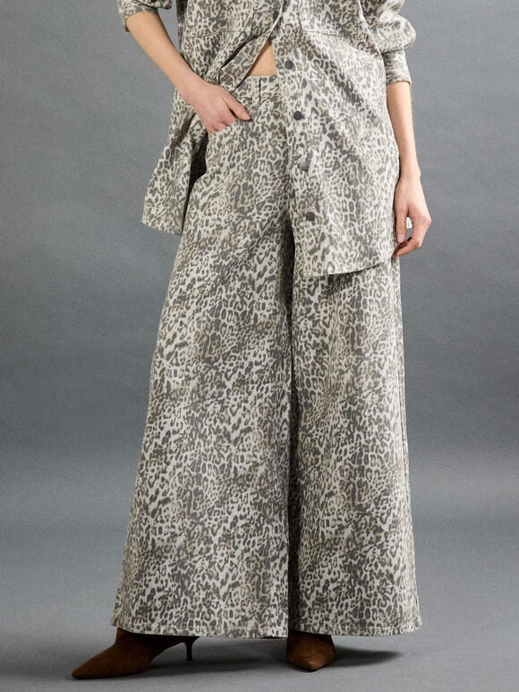 Zimi Wide-Leg Leopard Print Jeans, Grey, large