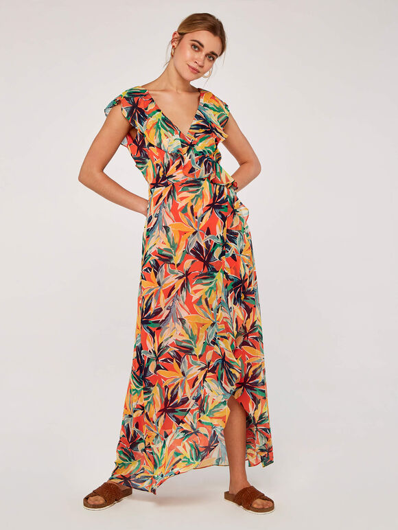 Palm Print Ruffle Dress, Orange, large