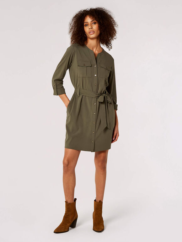 Utility Shirt Mini Dress , Khaki, large