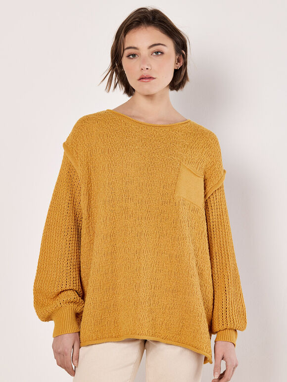 Textured Knit Oversized Jumper, Mustard, large