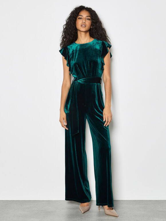 Wide Leg Velvet Ruffle Jumpsuit, Green, large
