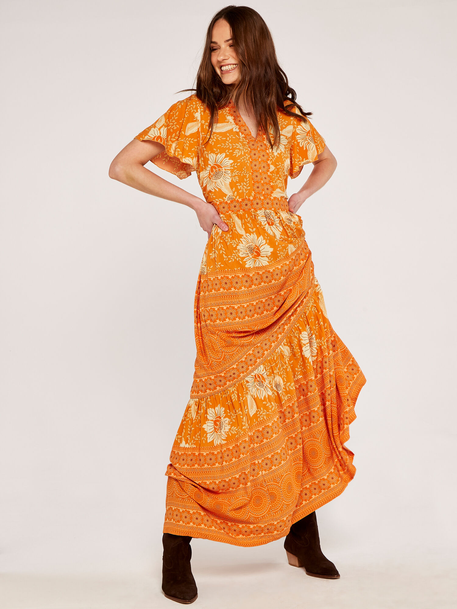 Orange print maxi best sale dress
