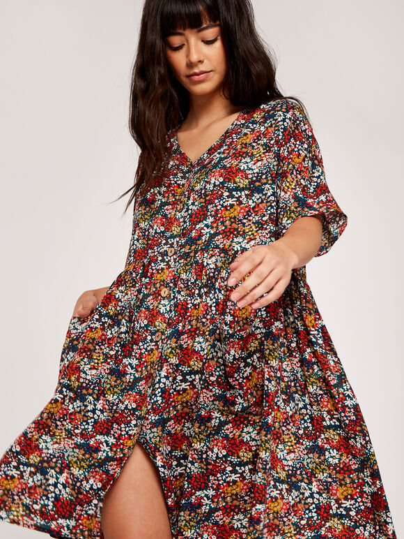Ditsy Button Down Smock Dress, Green, large