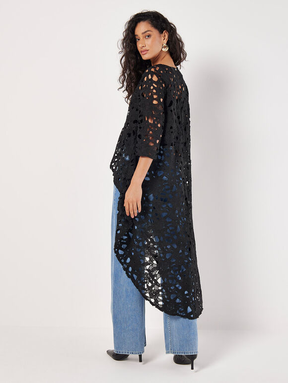 Guipure Lace High-Low Cardigan, Black, large