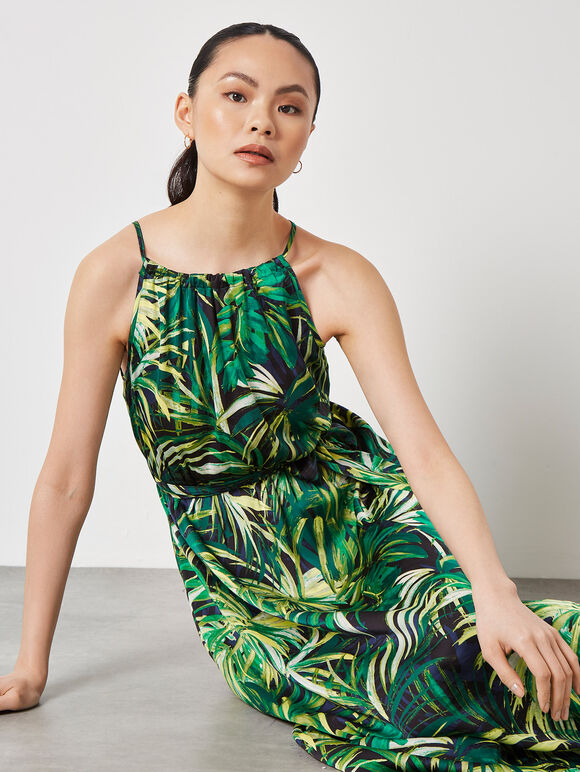 Tropical Leaf Satin Midi Dress, Navy, large