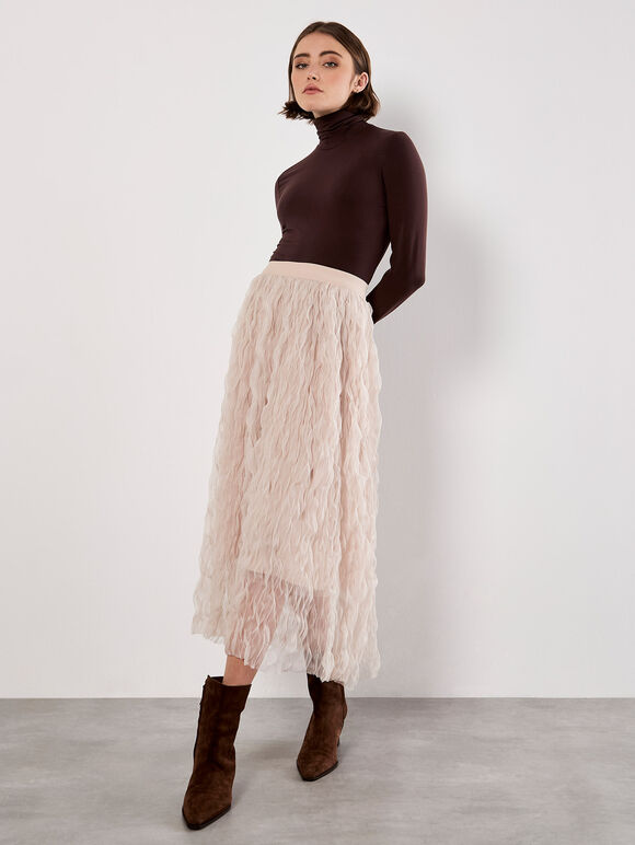 Wavy Tulle Midi Skirt, Cream, large