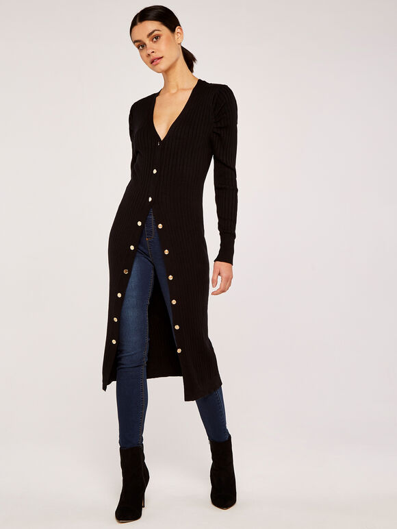 Ribbed Longline Cardigan, Black, large