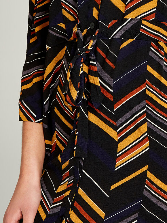 Black Spliced Stripe Ripple Shirt Dress, Black, large