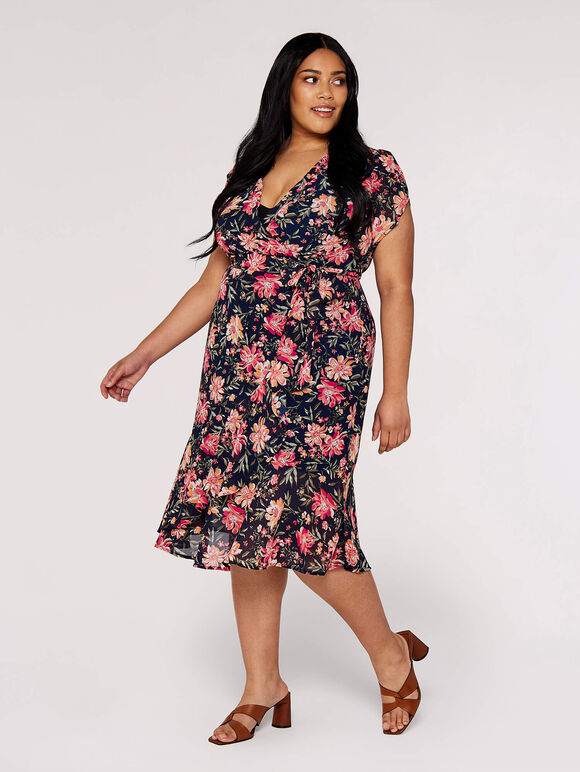 Curve Floral Wrap Midi Dress, Navy, large