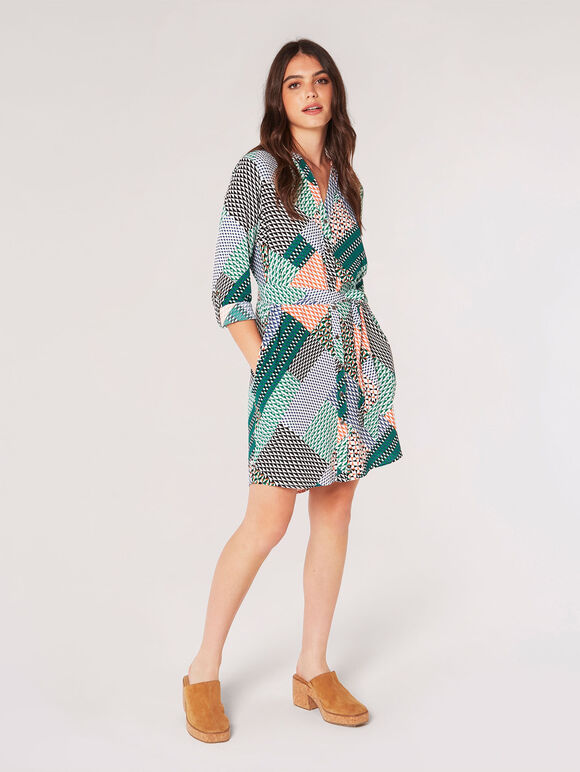 Geo Patchwork Shirt Mini Dress, Orange, large
