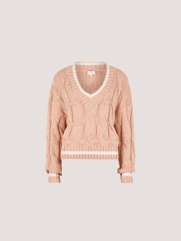 Cropped Cable Cricket Jumper, Pink, large