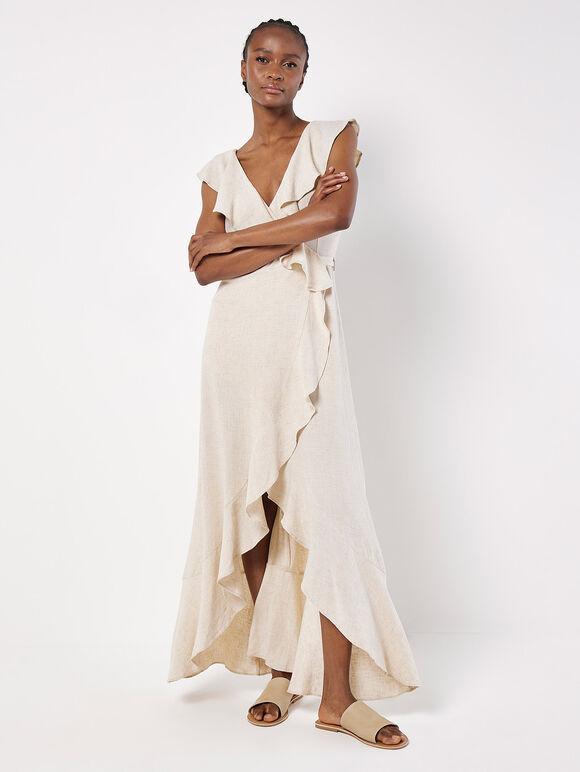 Ruffle Wrap Linen Blend Midi Dress, Cream, large