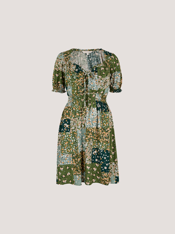 Ditsy Patchwork Milkmaid Mini Dress, Green, large