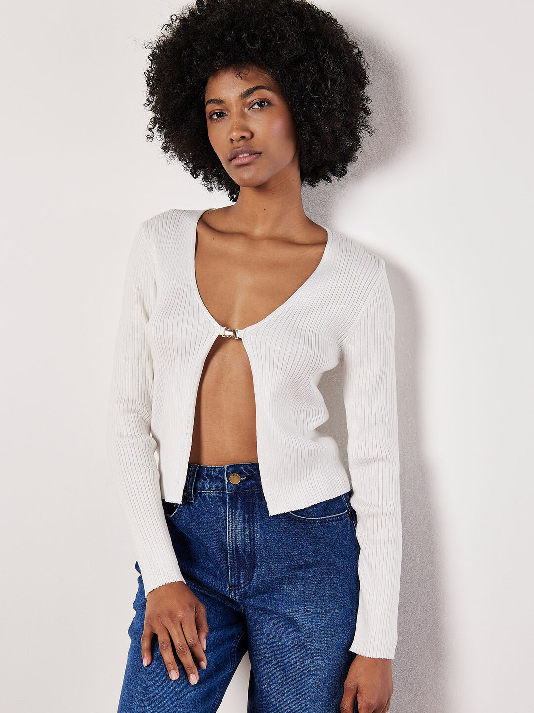 Ribbed Knit Front Clip Cardigan