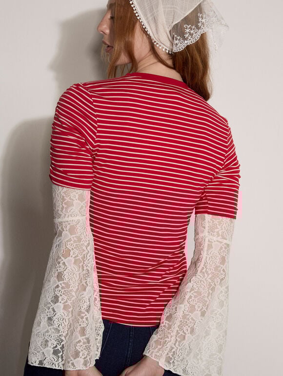 Ruched Sleeves Stripe Top, Red, large