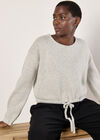 Cropped Boucle Knit Drawstring Jumper, Grey, large