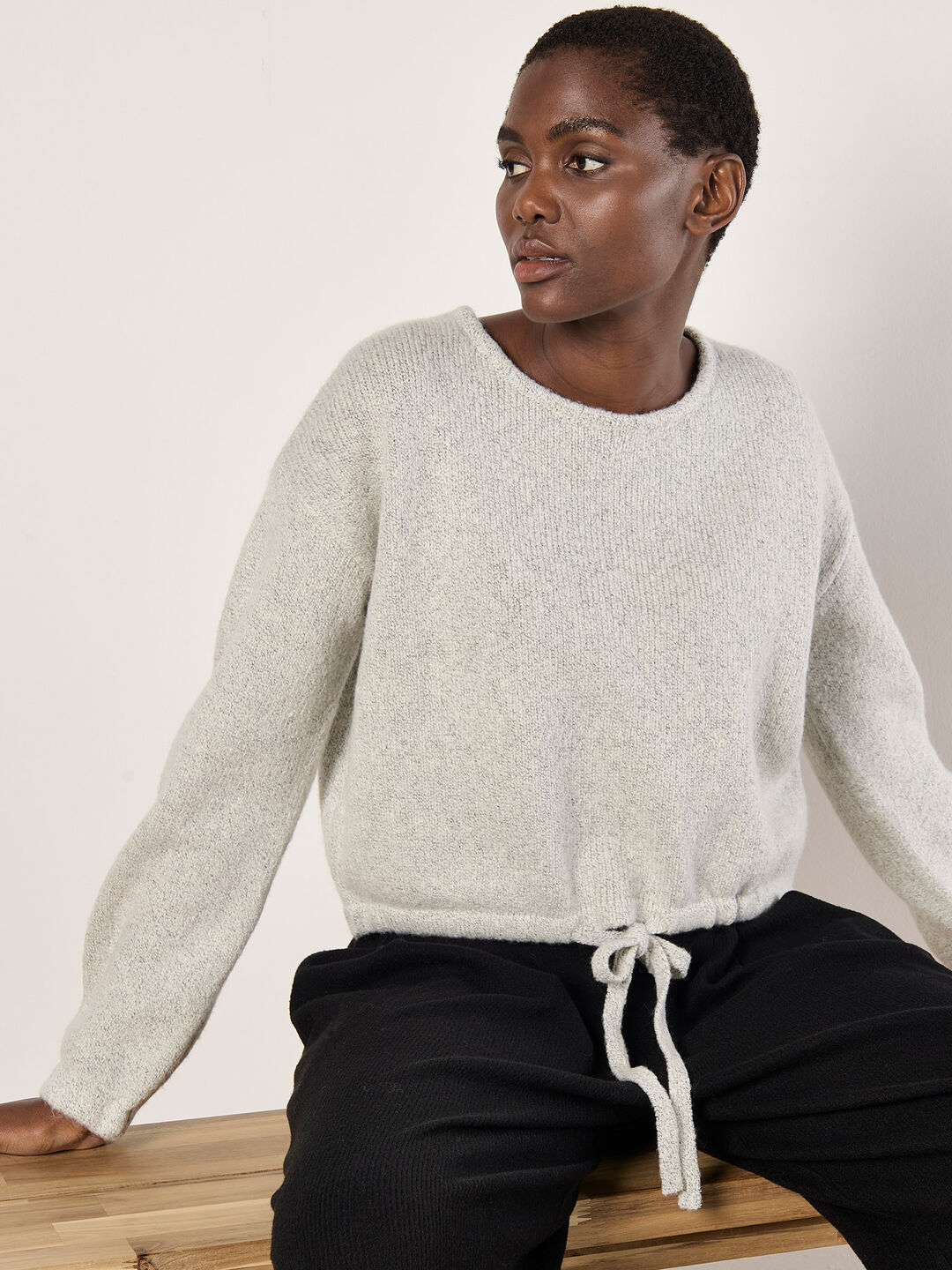 Image of Cropped Boucle Knit Drawstring Jumper