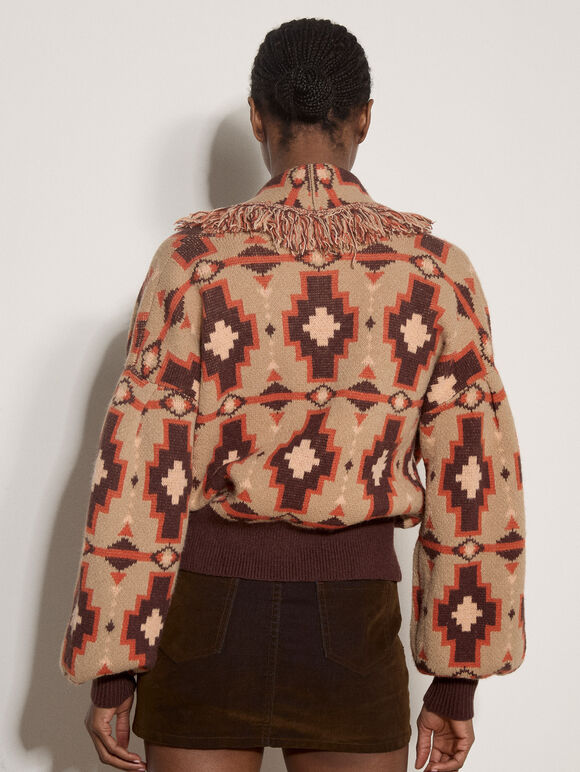 Soft Boho Geo Fringe Cardigan, Brown, large