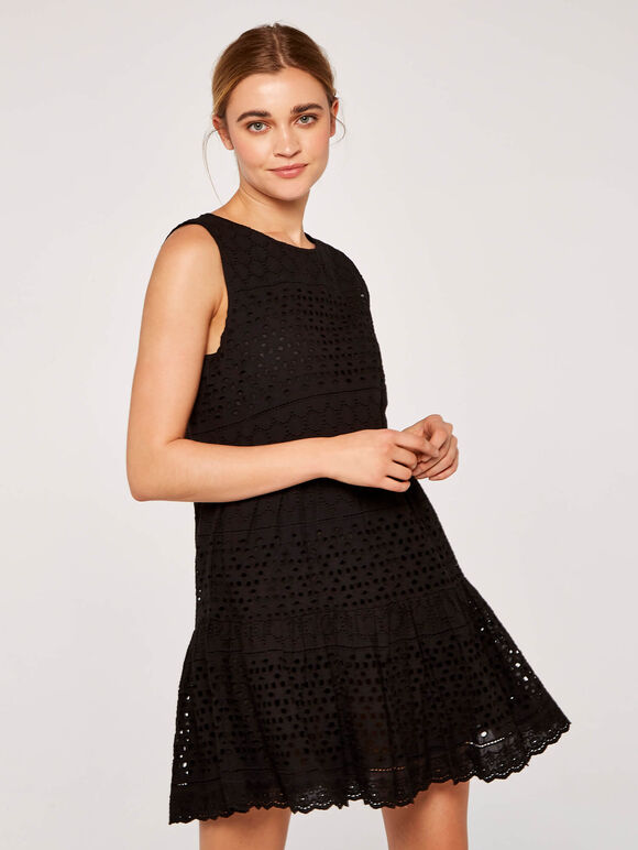 Broderie Anglais Tiered Dress, Black, large