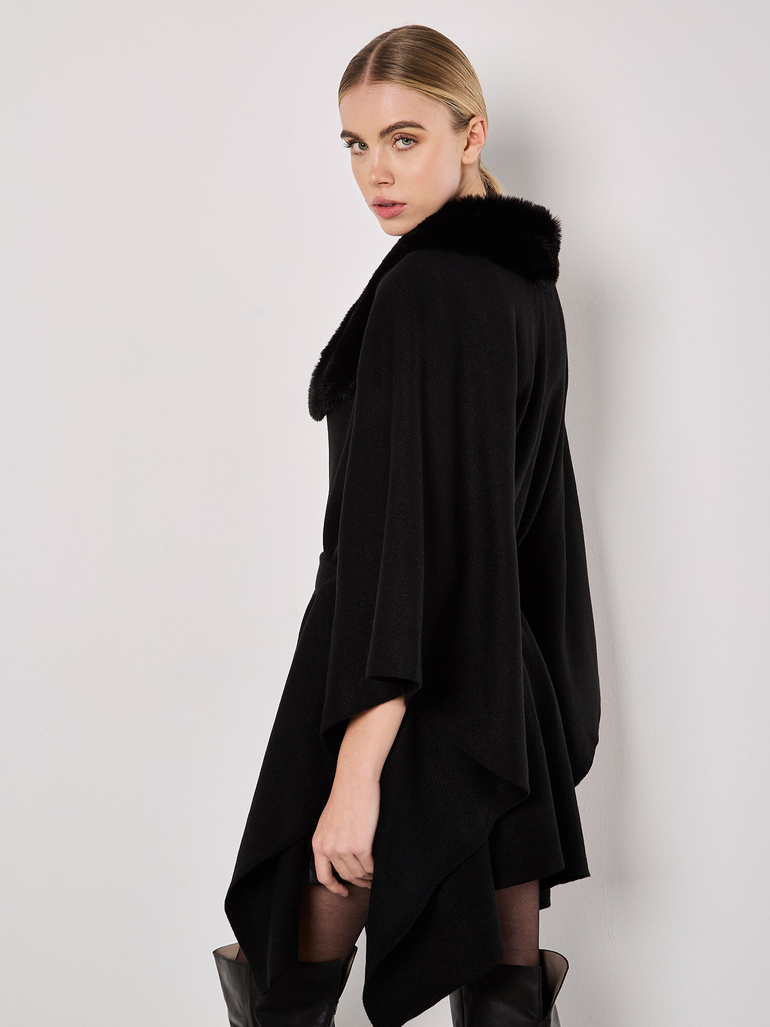 Faux Fur Collar Poncho Apricot Clothing