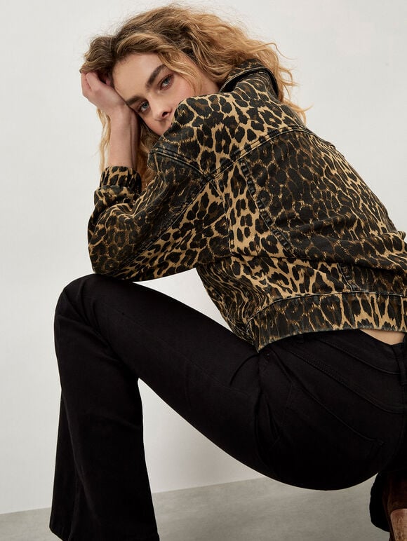 Leopard Print Denim Crop Jacket, Brown, large