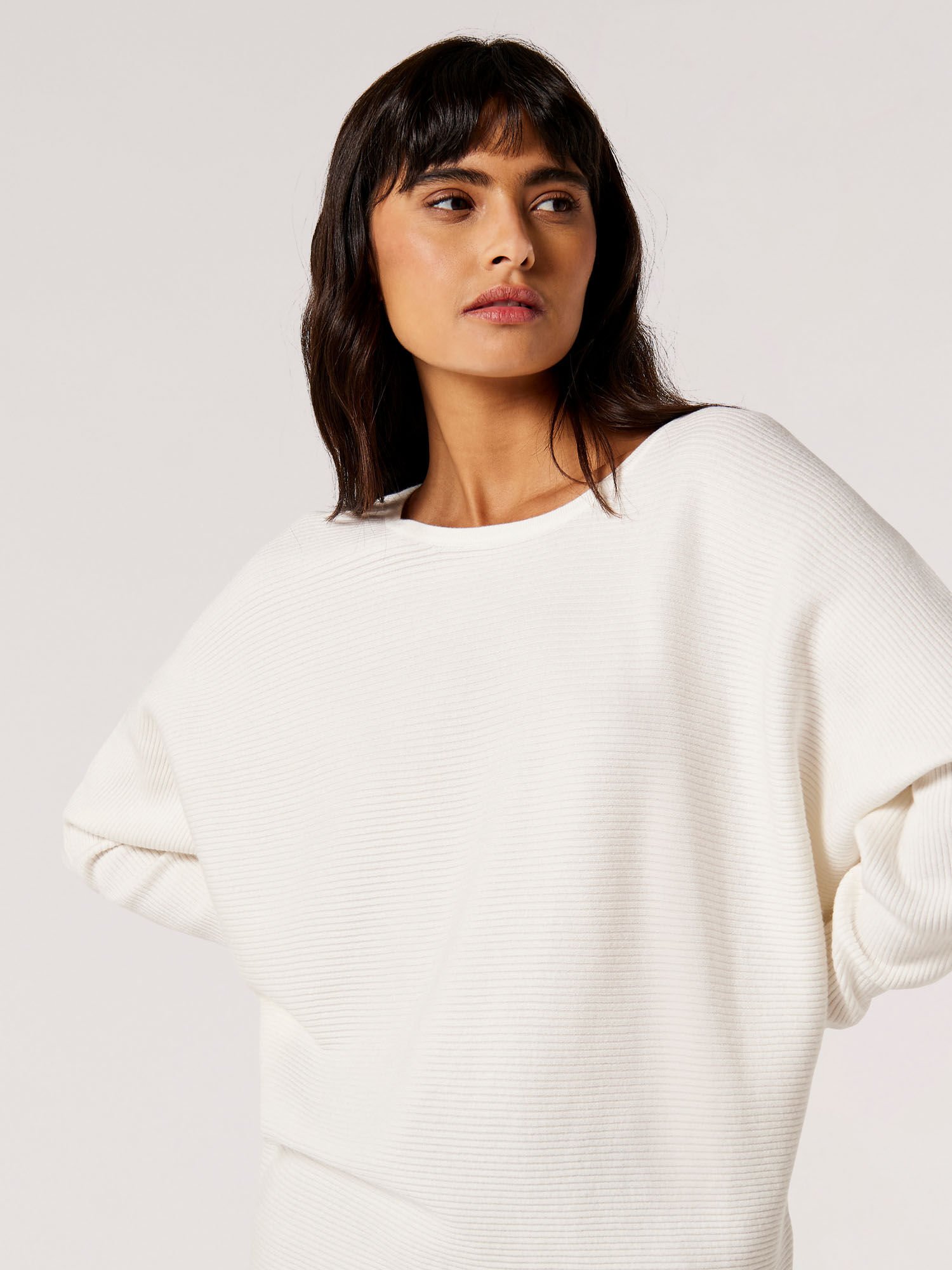 Batwing Longline Ribbed Jumper Apricot Clothing