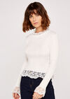 Lace Trim Ribbed Jumper, Cream, large