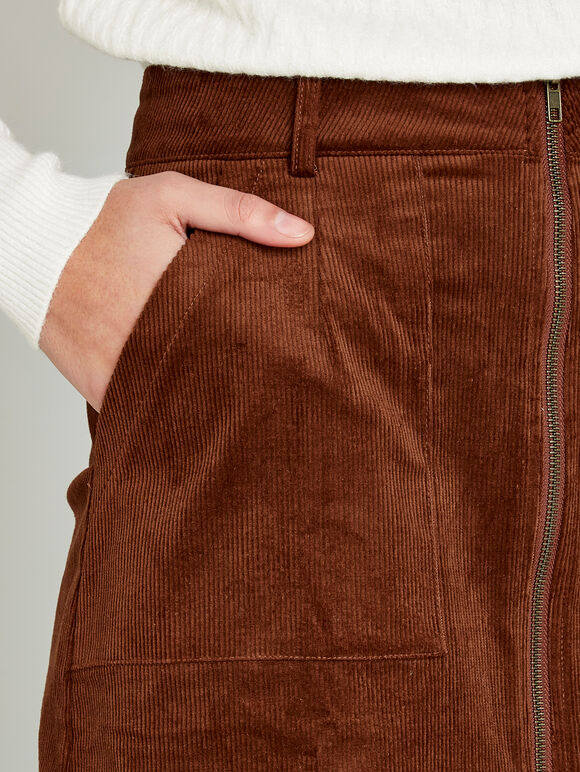 Zip Through Corduroy Skirt, Rust, large