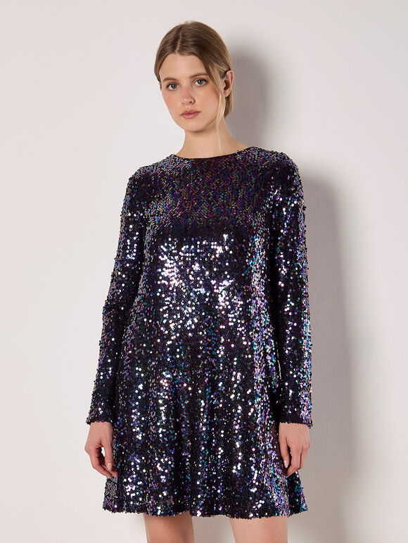 Sequin Swing Mini Dress, Black, large