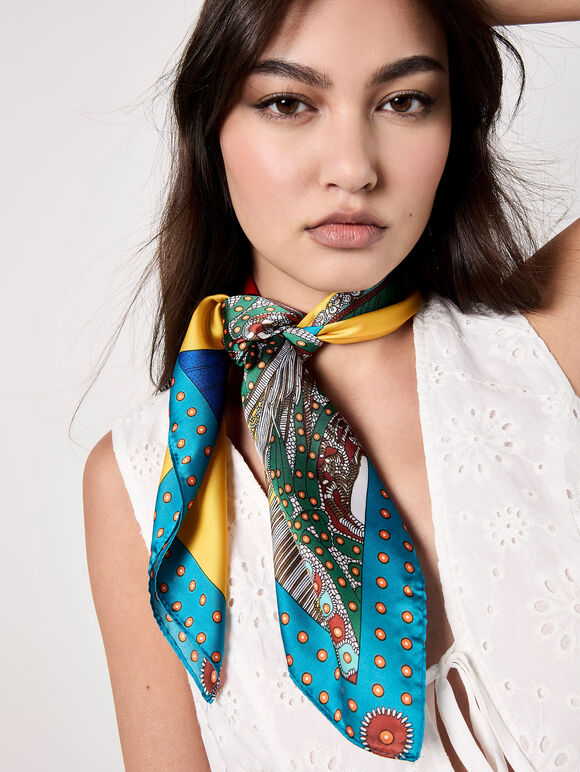 Satin Printed Scarf, Yellow, large