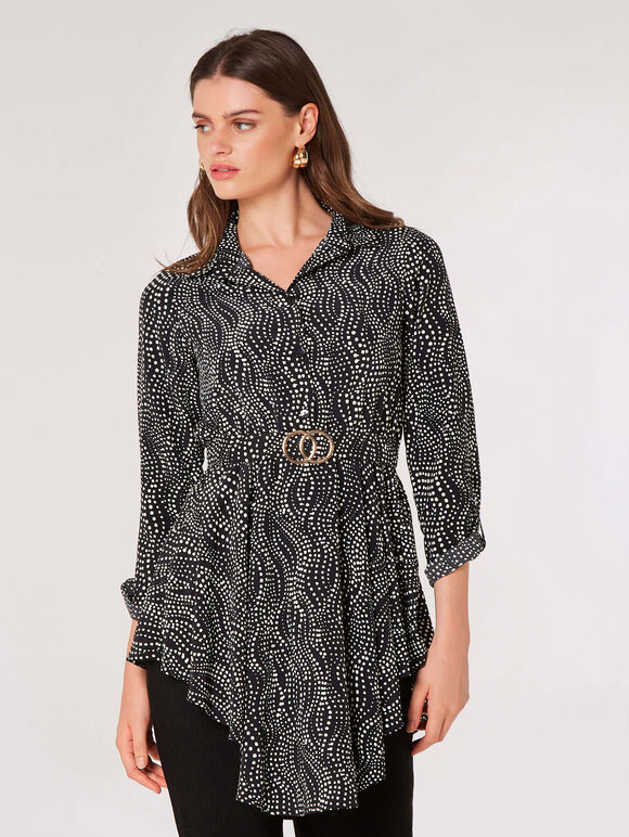Swirl Spot Shirt Mini Dress, Black, large