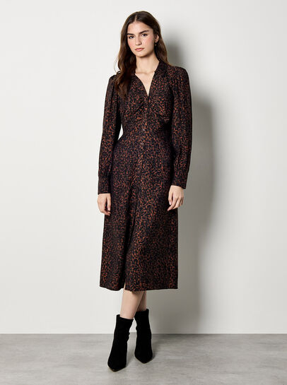 Animal Print Ruched Shirt Midi Dress
