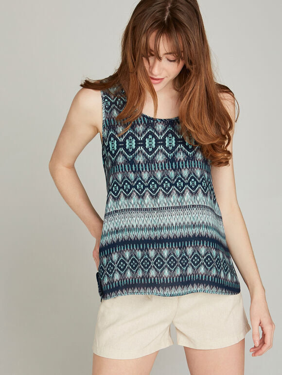 Navy Ikat Sleeveless Top, Navy, large
