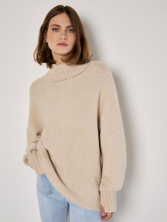 Oversized Boucle Tunic Jumper, Stone, large