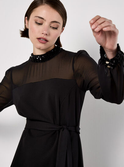 Sequin Trim Belted Mini Dress