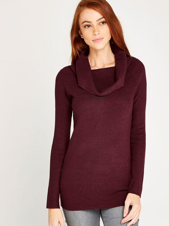 Ribbed Roll Neck Jumper, Burgundy, large