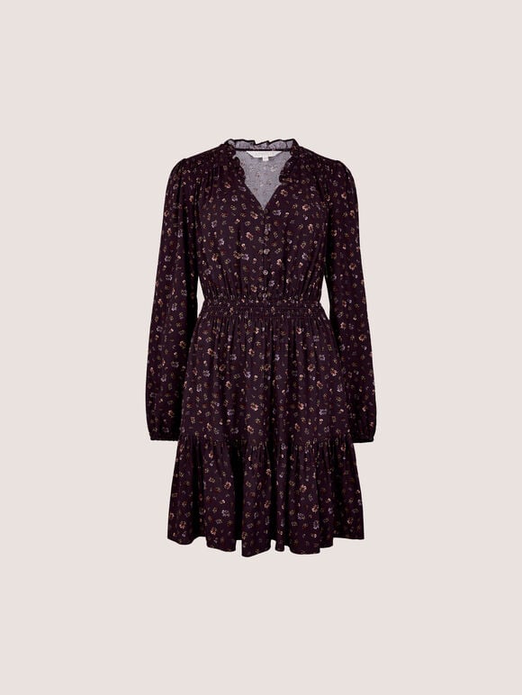 Floral Ruffle Mini Dress, Burgundy, large
