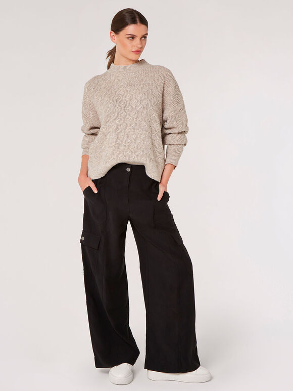 Plaited Knit Mock Neck Jumper, Stone, large